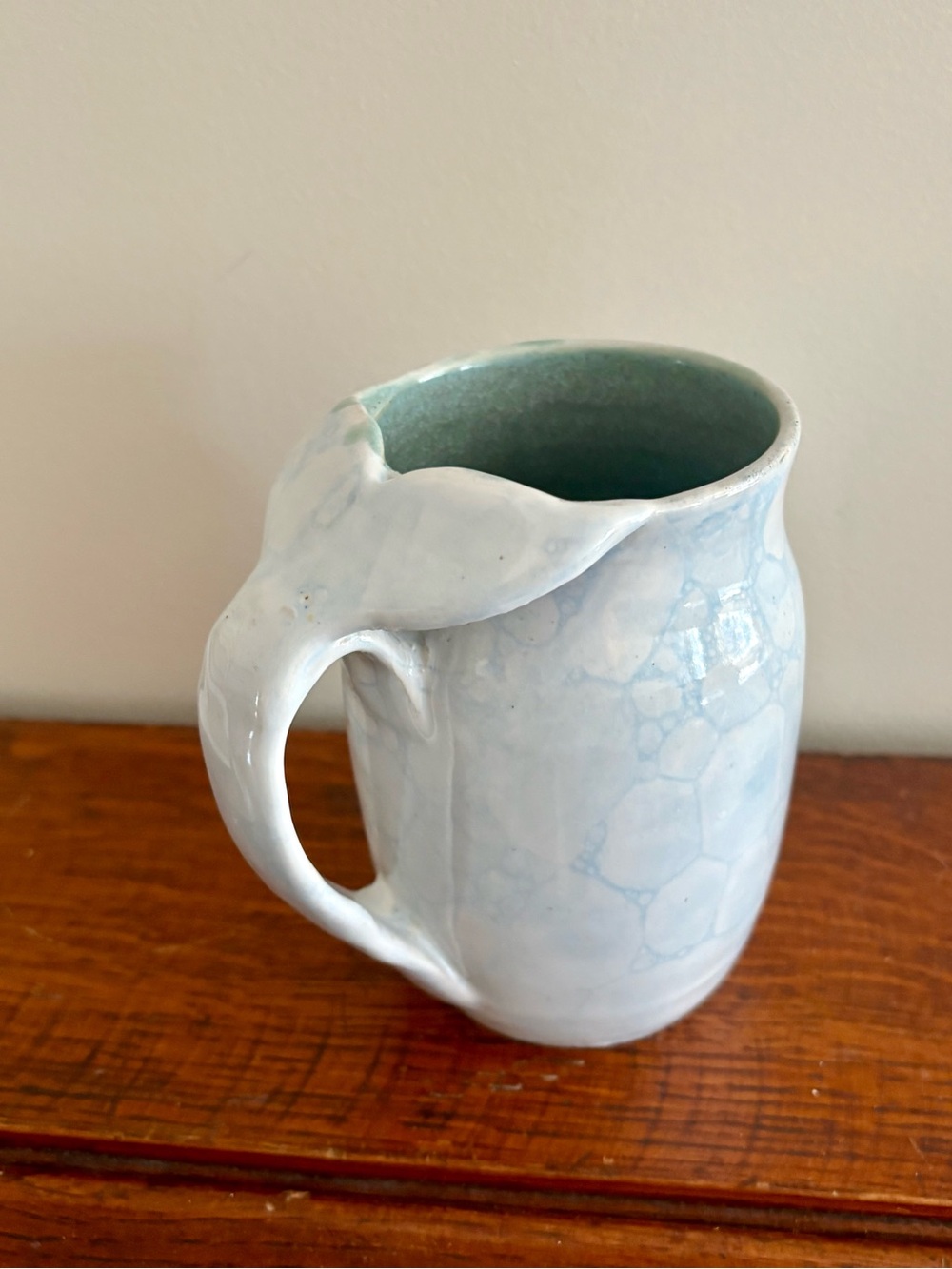 Handcrafted Light Blue Pottery Whale Ug with Seafoam Interior - Signed